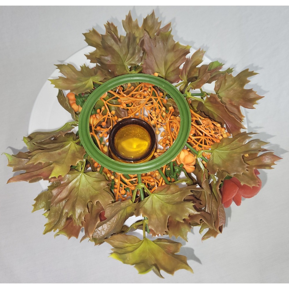 Autumn Floral Candle Ring Fall Decor Orange Brown Amber Holder Vtg Grannycore - Picture 7 of 12
